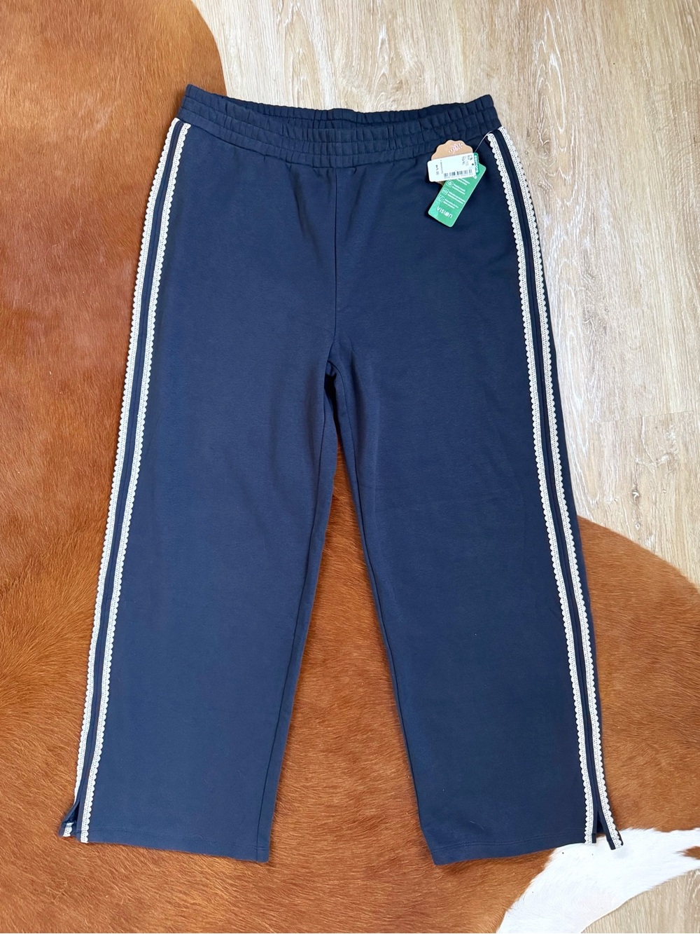 twik lace side stripe wide leg sweatpants in navy blue | organic cotton